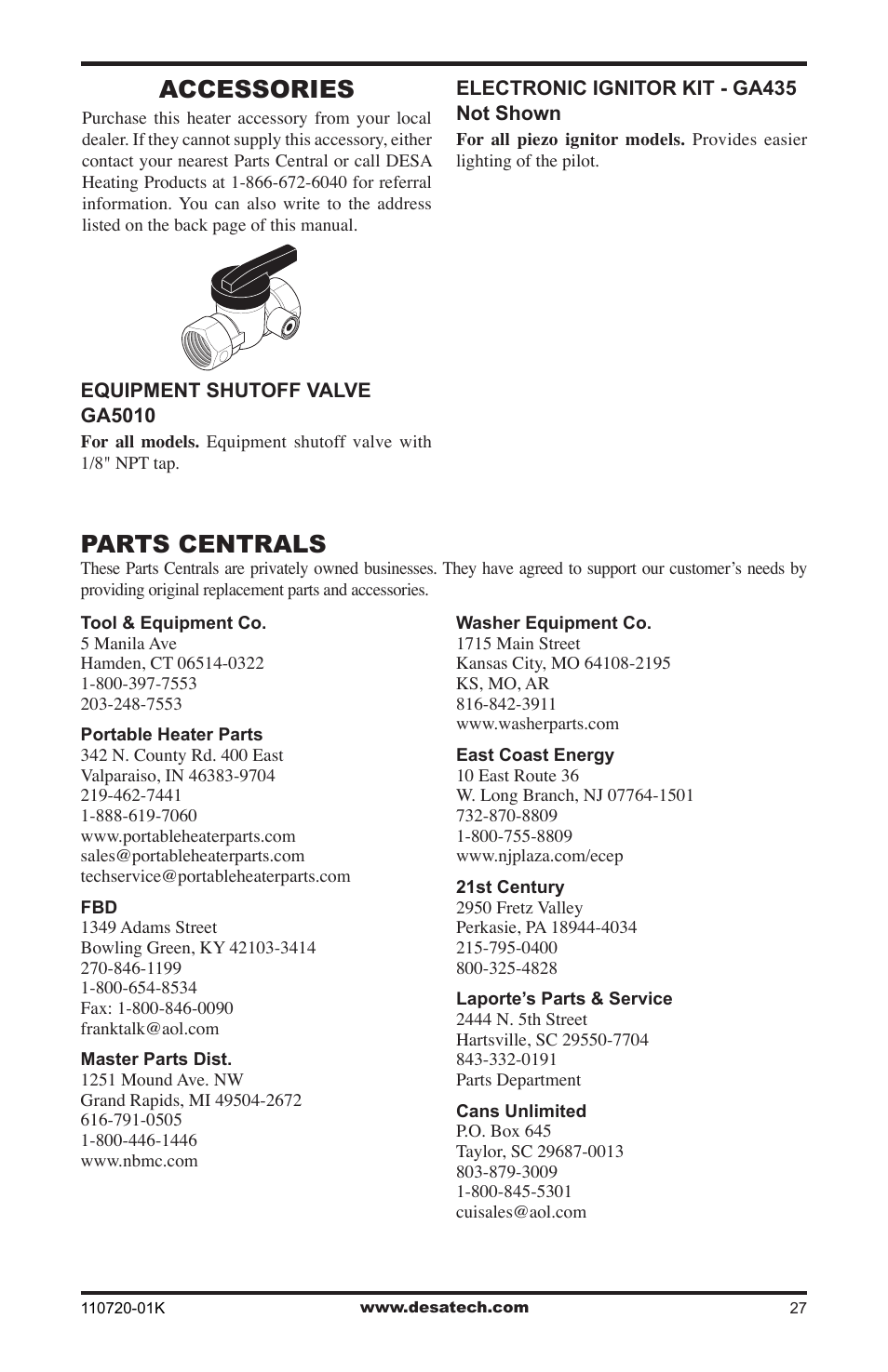 Accessories, Parts centrals | Desa VN1000BTA User Manual | Page 27 / 28