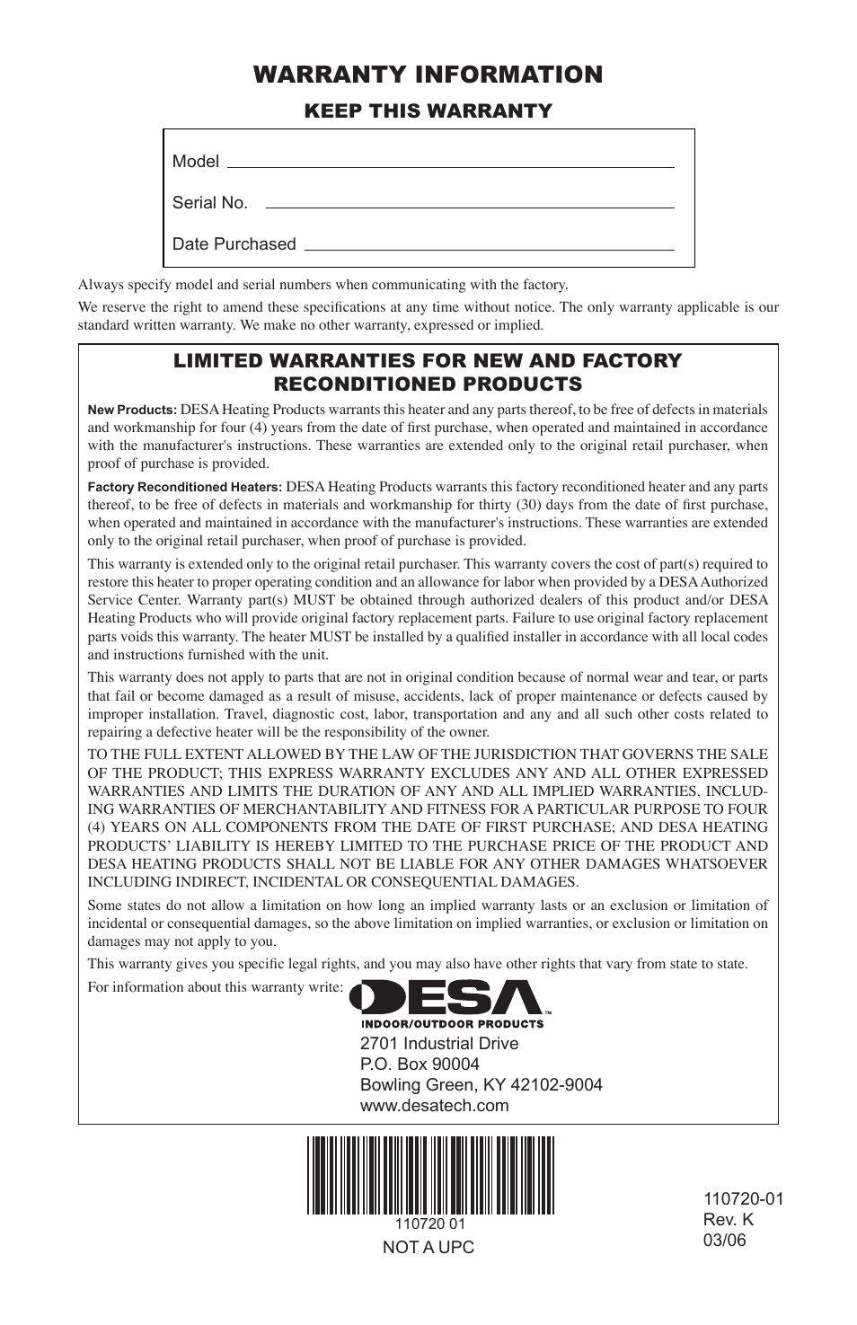 Warranty information, Keep this warranty | Desa VN1000BTA User Manual | Page 28 / 28