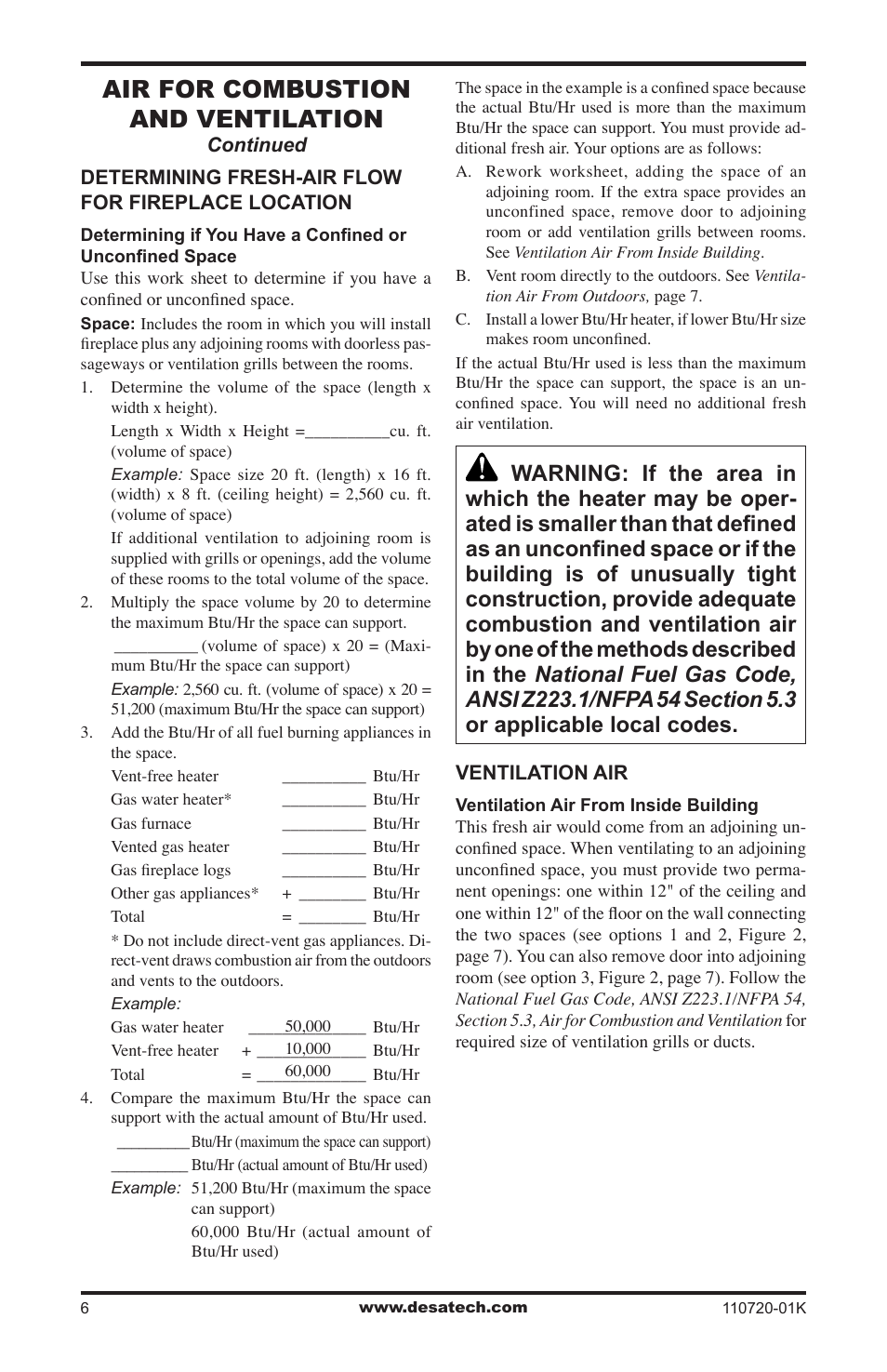 Air for combustion and ventilation | Desa VN1000BTA User Manual | Page 6 / 28