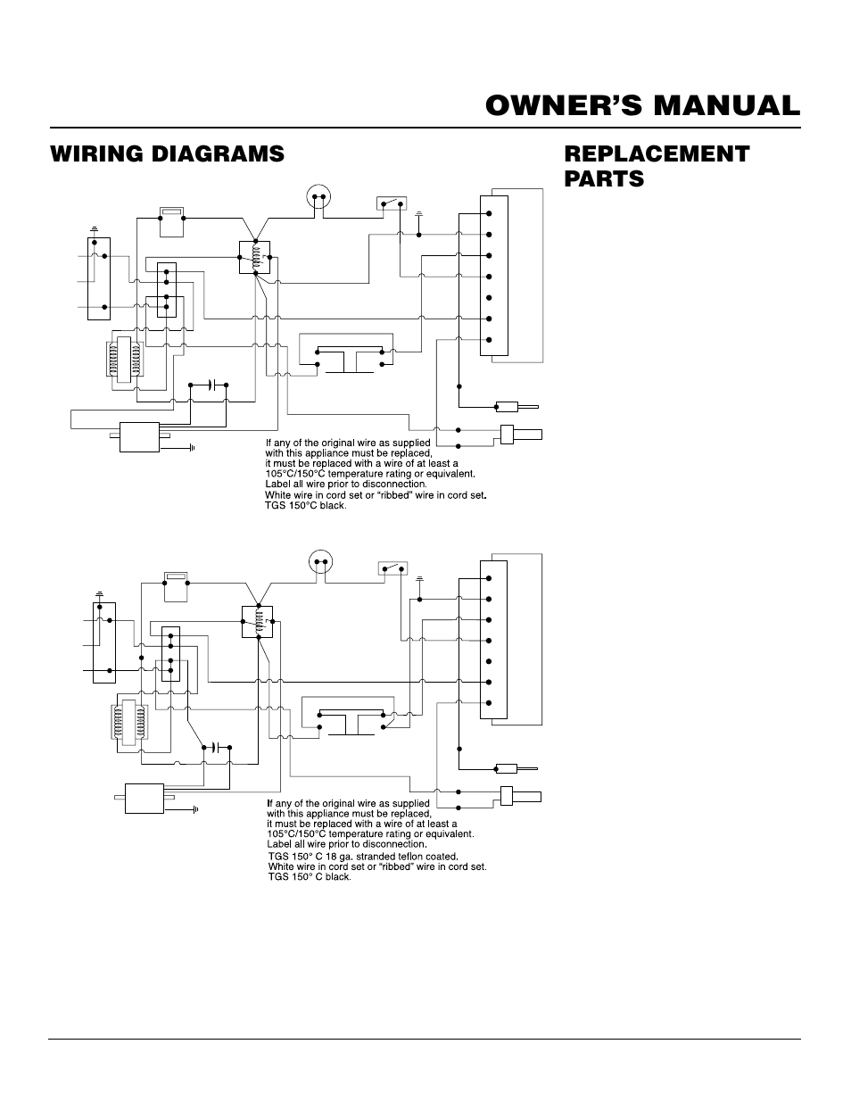 Owner’s manual, Wiring diagrams, Replacement parts | Parts under warranty, Parts not under warranty | Desa DNV40NB User Manual | Page 19 / 30