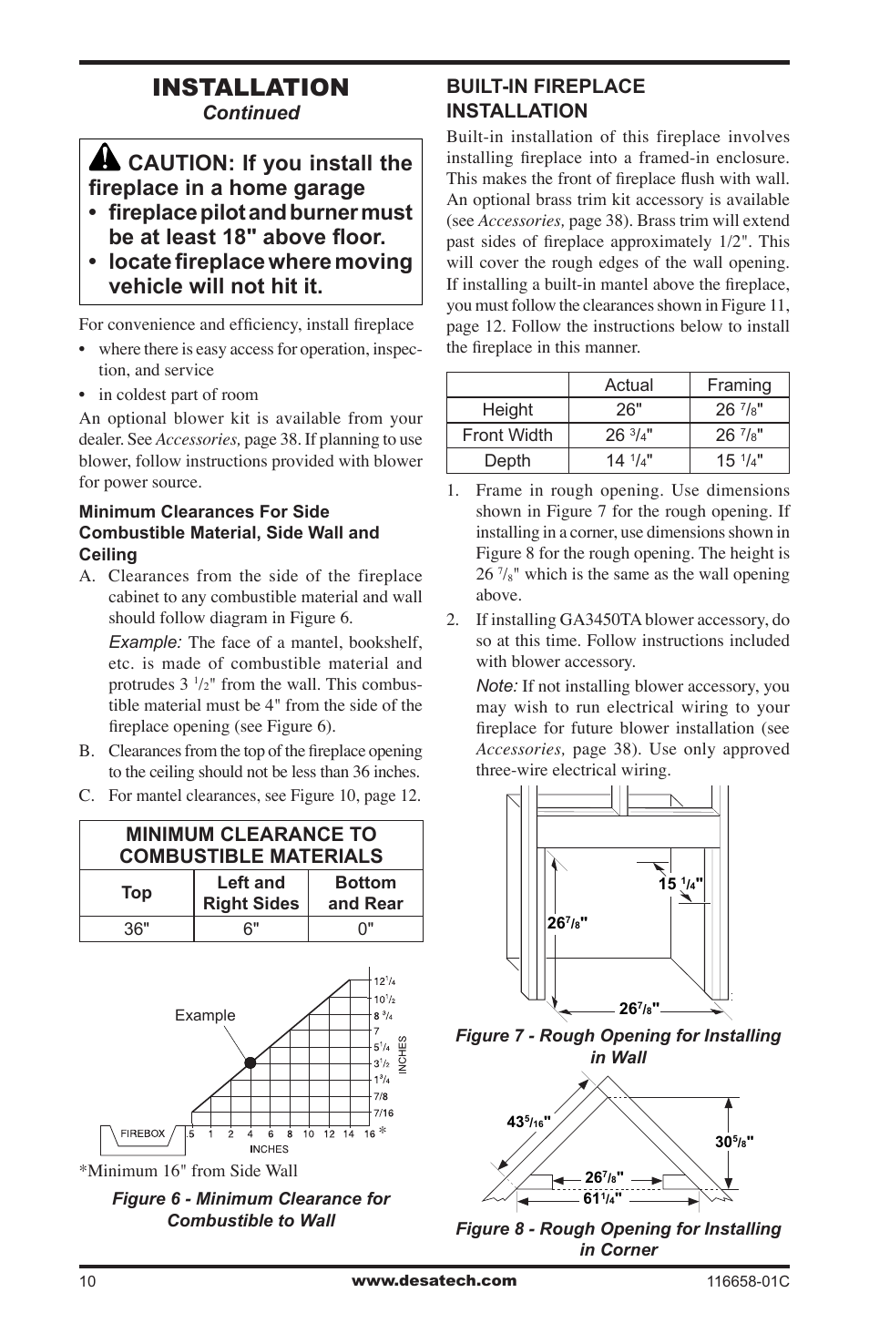 Installation, Minimum clearance to combustible materials, Continued built-in fireplace installation | Desa CDCFPRA User Manual | Page 10 / 40