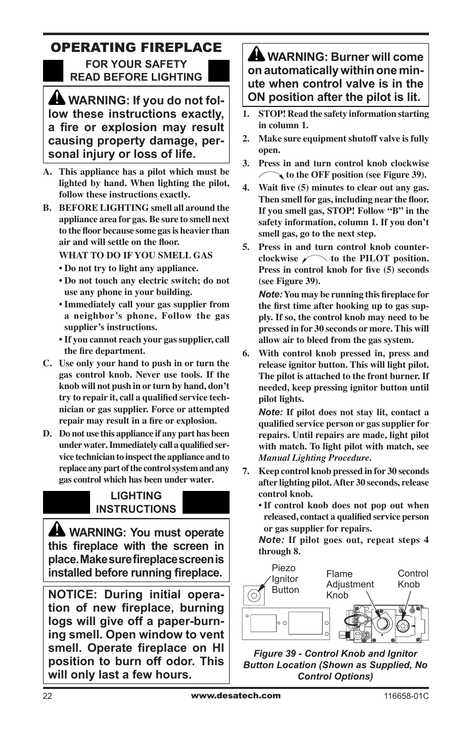 Operating fireplace | Desa CDCFPRA User Manual | Page 22 / 40