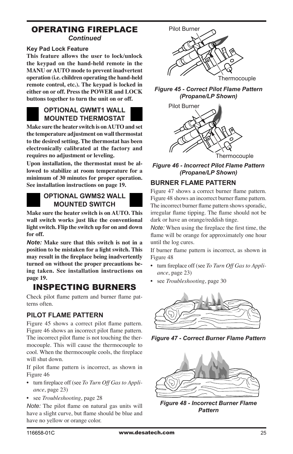 Inspecting burners, Operating fireplace | Desa CDCFPRA User Manual | Page 25 / 40