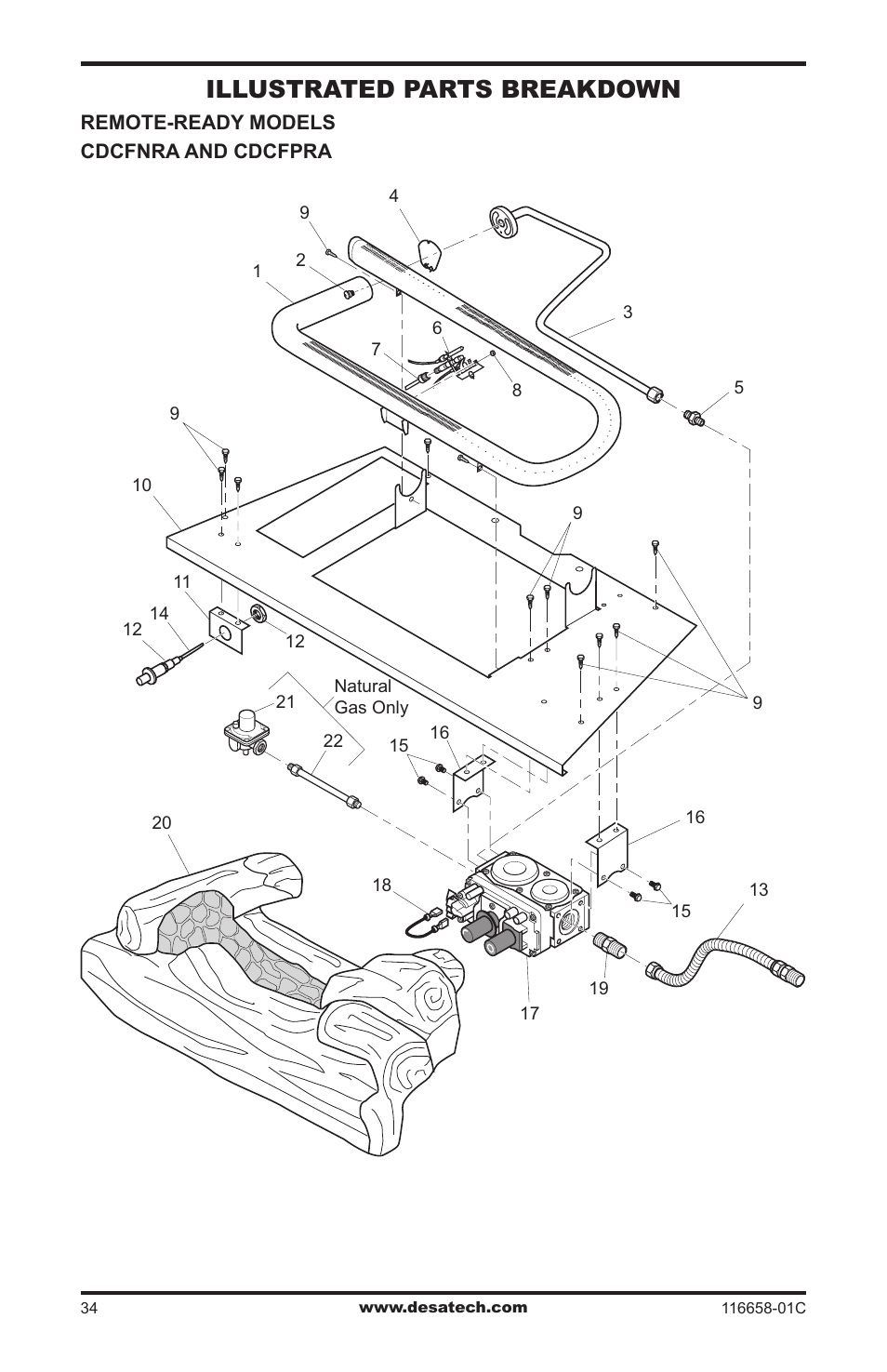 Illustrated parts breakdown, Remote-ready models cdcfnra and cdcfpra | Desa CDCFPRA User Manual | Page 34 / 40