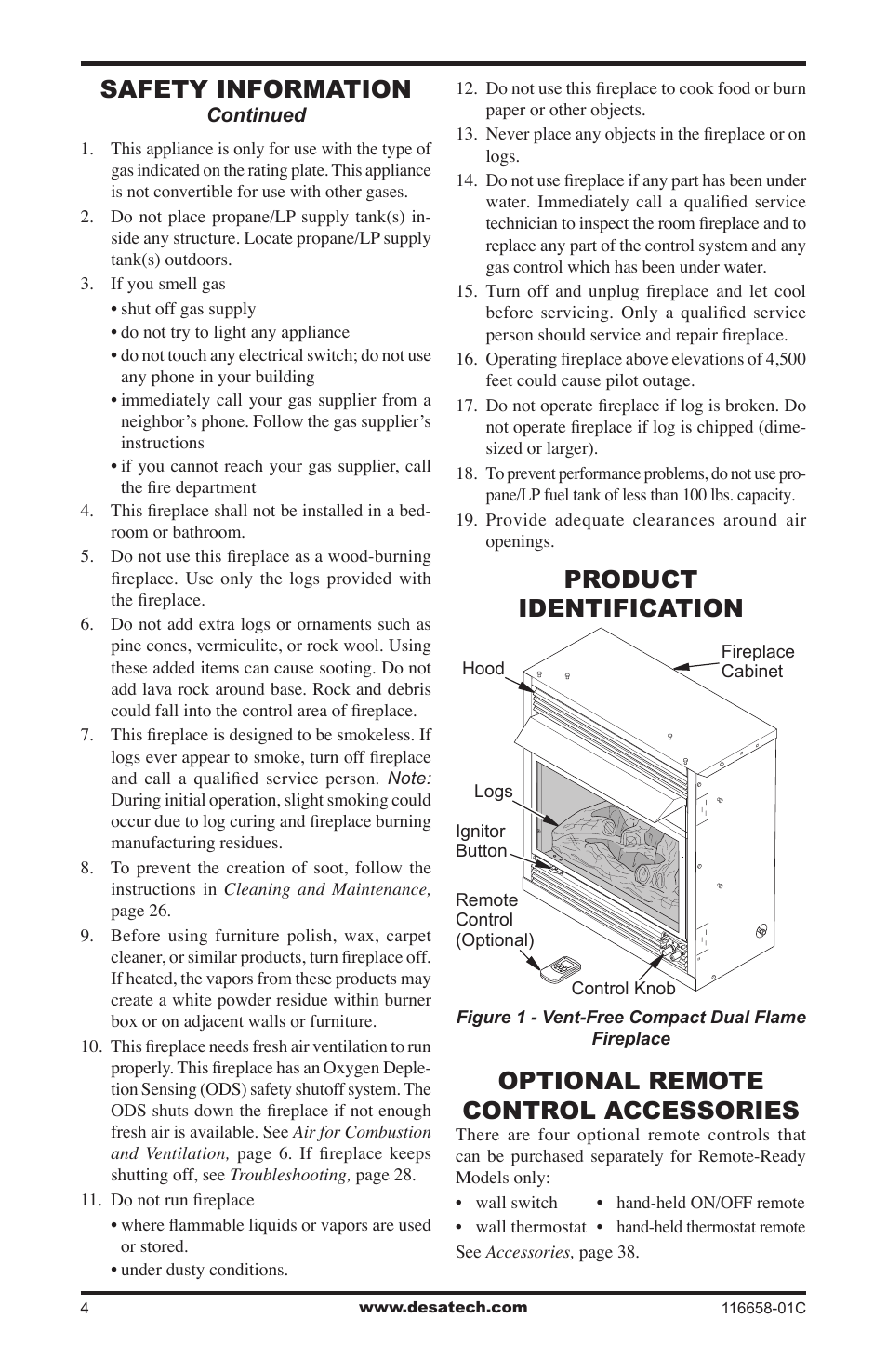 Optional remote control accessories, Product identification, Safety information | Desa CDCFPRA User Manual | Page 4 / 40
