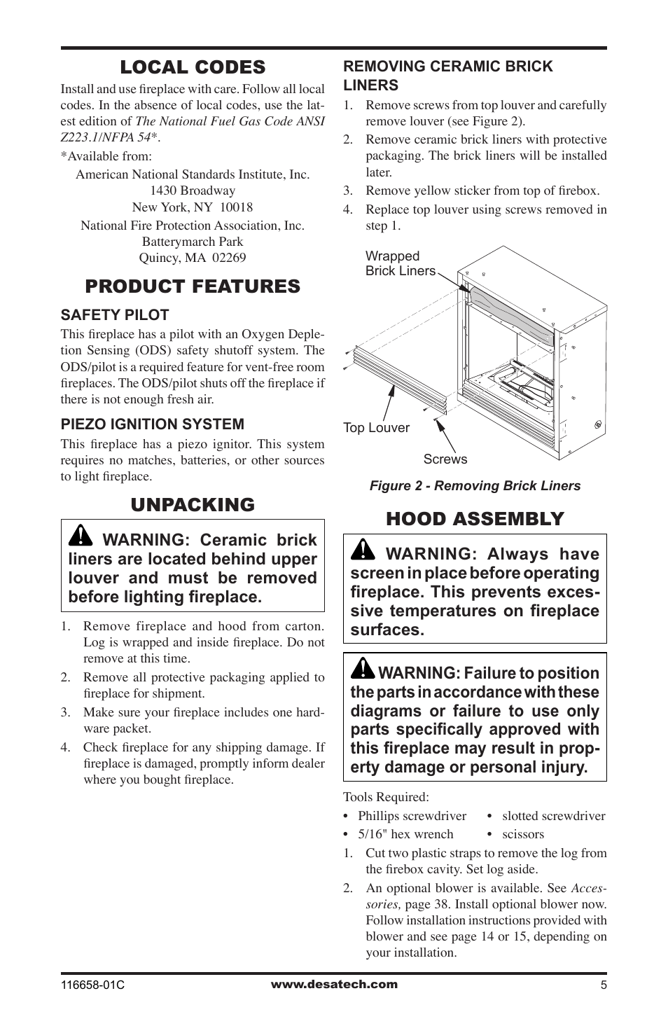 Local codes, Product features, Unpacking | Hood assembly | Desa CDCFPRA User Manual | Page 5 / 40