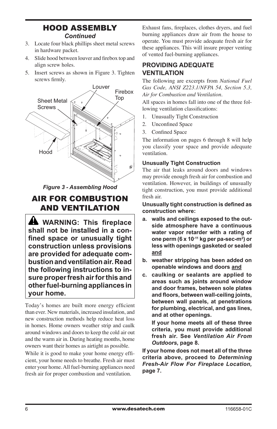 Air for combustion and ventilation, Hood assembly | Desa CDCFPRA User Manual | Page 6 / 40