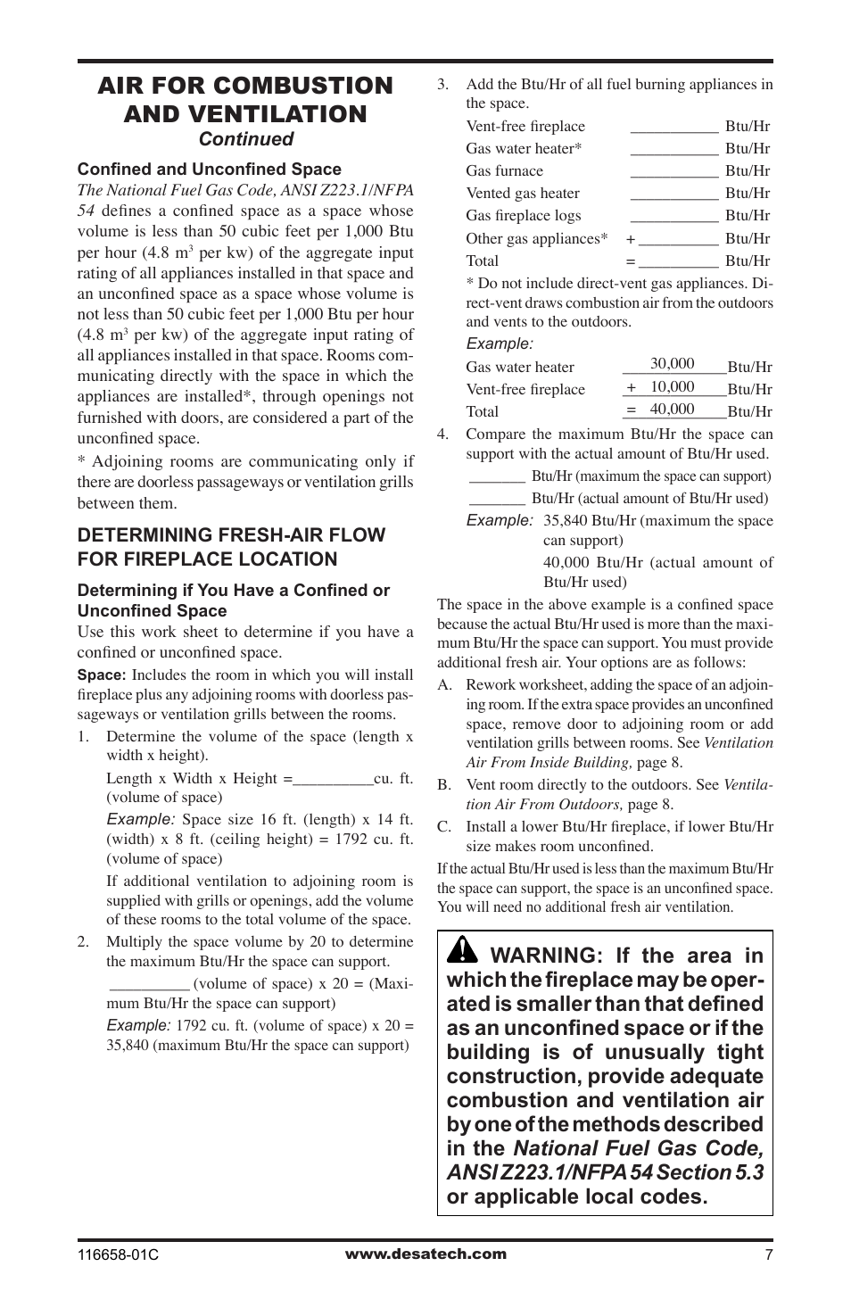 Air for combustion and ventilation | Desa CDCFPRA User Manual | Page 7 / 40