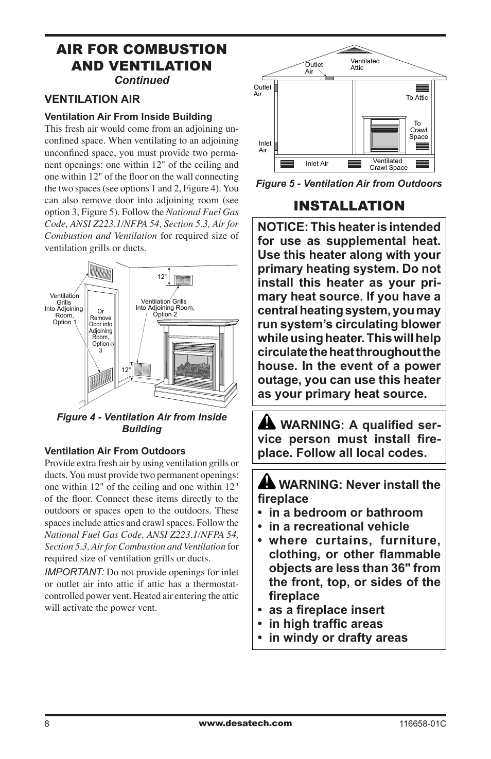 Installation, Air for combustion and ventilation | Desa CDCFPRA User Manual | Page 8 / 40