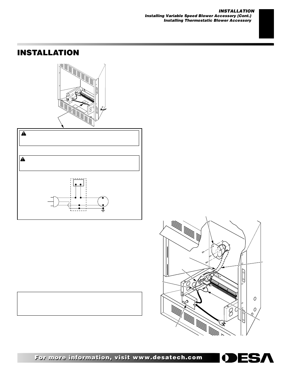 Installation, Continued, Installing thermostatic blower accessory | Operating the blower | Desa CGEFP33NR User Manual | Page 13 / 44