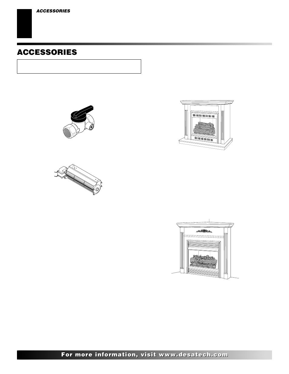 Accessories, Equipment shutoff valve - ga5010, Blower accessories | Duplex outlet kit - ga3555 (not shown), Brass trim accessory (not shown), Cleaning kit - cck/gck | Desa CGEFP33NR User Manual | Page 36 / 44