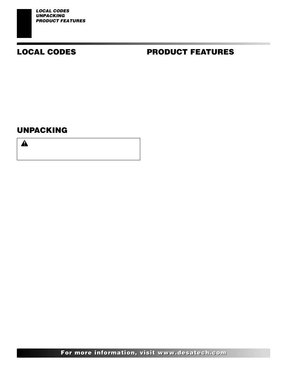 Local codes, Unpacking, Product features | Desa CGEFP33NR User Manual | Page 4 / 44