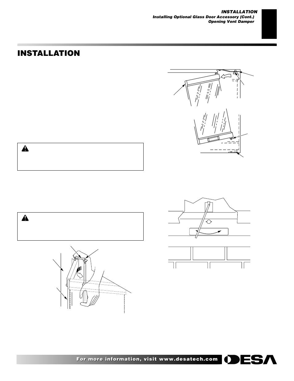 Installation, Continued, Opening vent damper | Desa M36 User Manual | Page 17 / 30