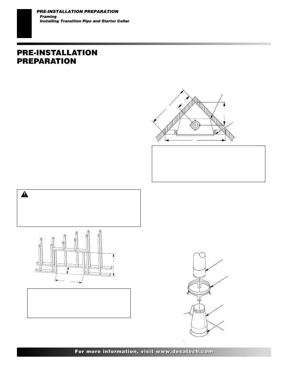 Pre-installation preparation, Continued, Installing transition pipe and starter collar | Framing | Desa M36 User Manual | Page 8 / 30