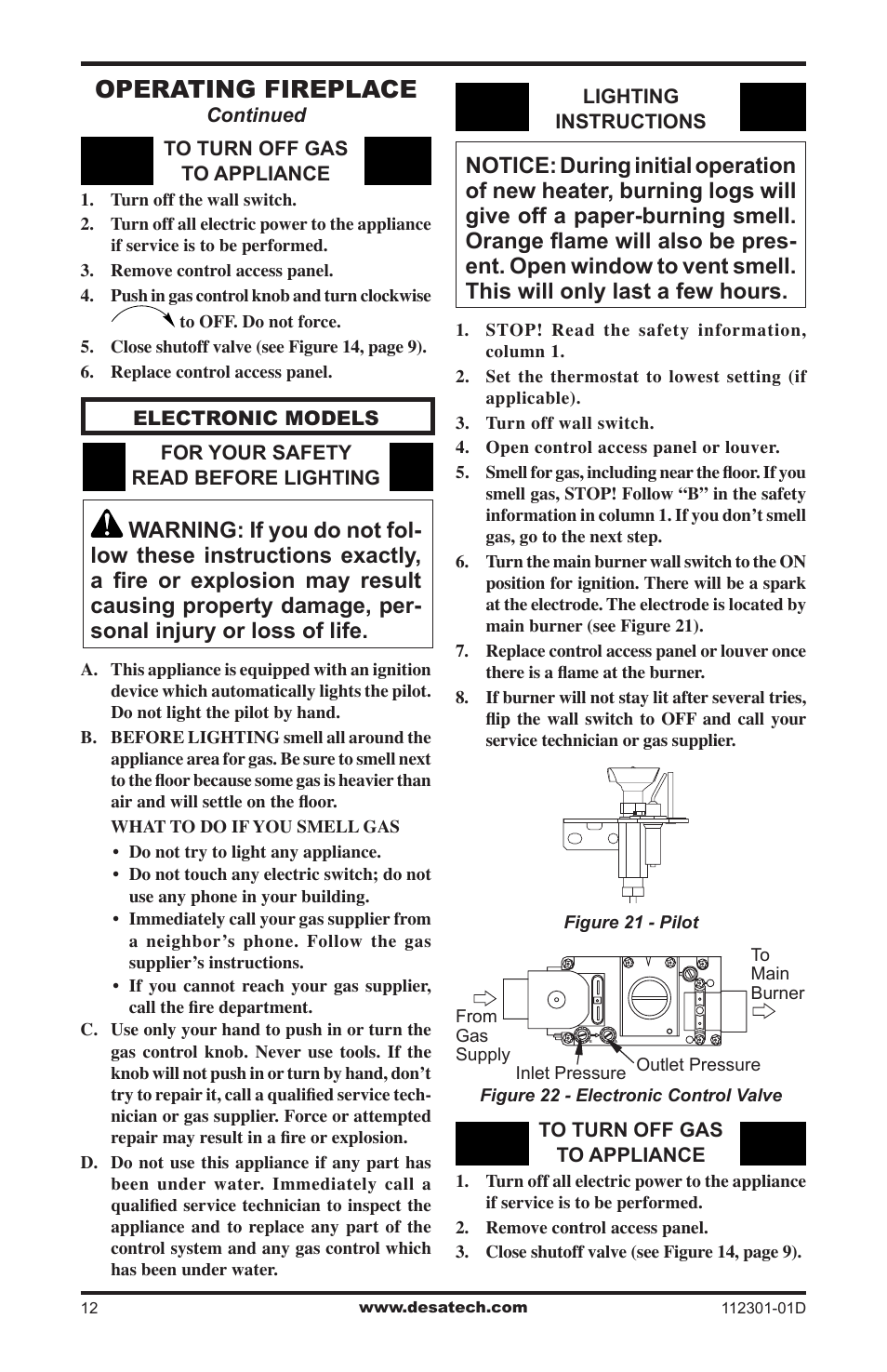 Operating fireplace | Desa GL36CRP User Manual | Page 12 / 20