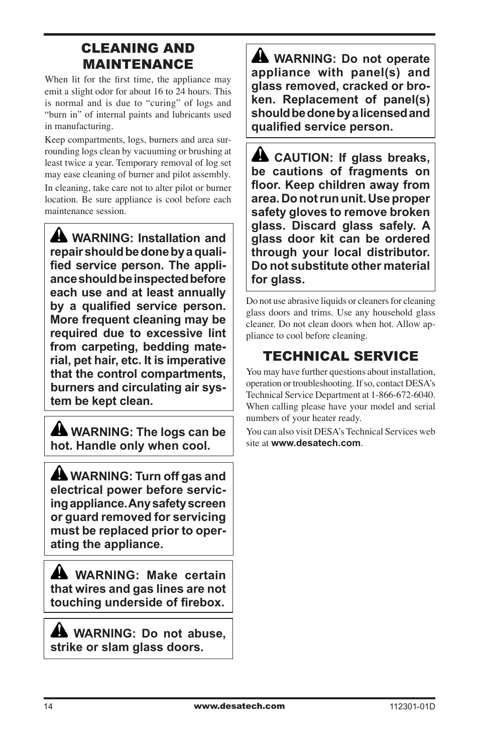 Cleaning and maintenance, Technical service | Desa GL36CRP User Manual | Page 14 / 20