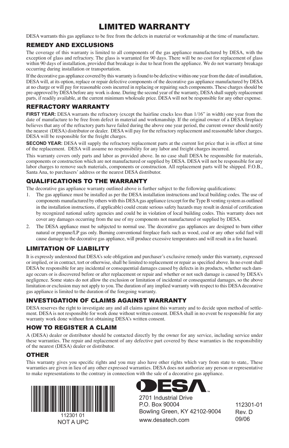 Limited warranty | Desa GL36CRP User Manual | Page 20 / 20