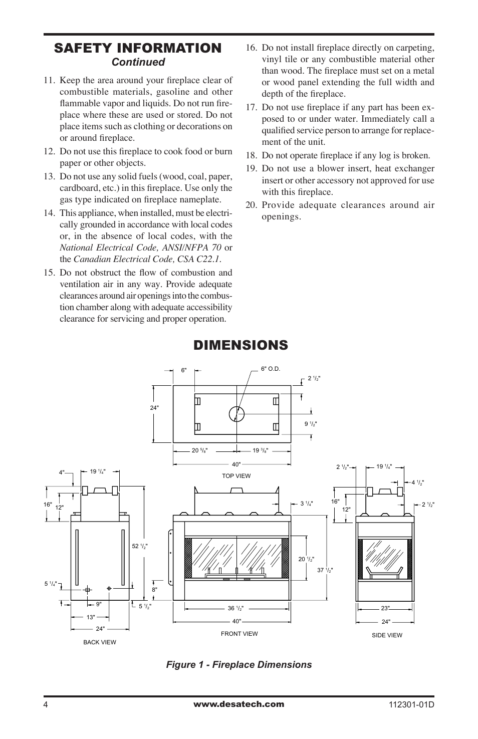 Dimensions, Safety information, Continued | Figure 1 - fireplace dimensions | Desa GL36CRP User Manual | Page 4 / 20