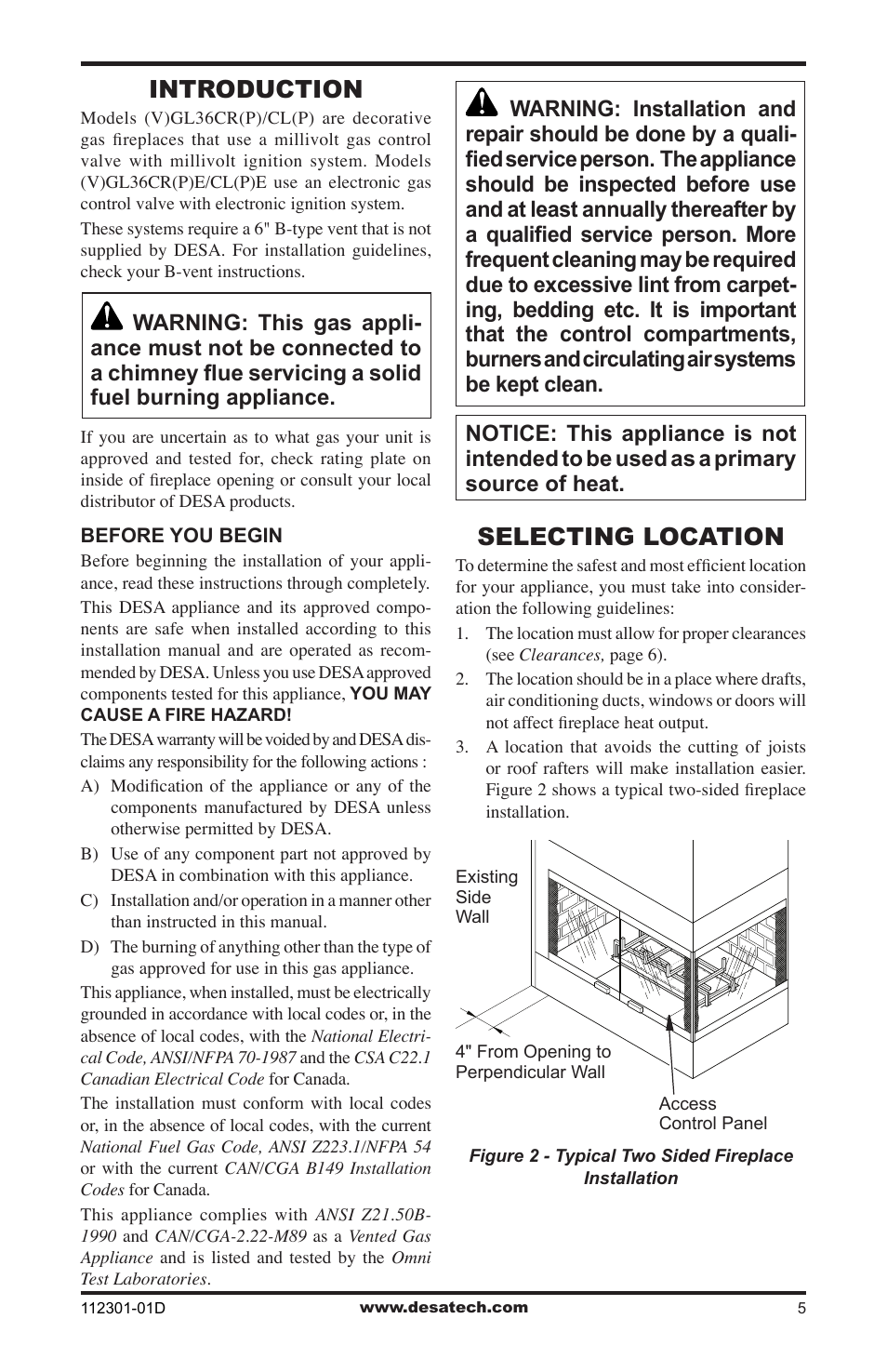 Introduction, Selecting location | Desa GL36CRP User Manual | Page 5 / 20