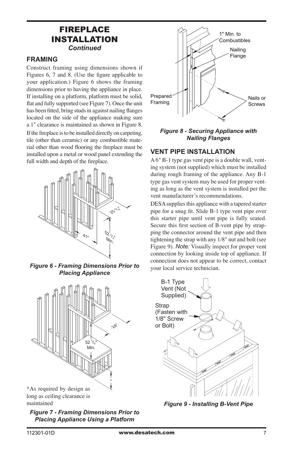 Fireplace installation, Continued framing, Vent pipe installation | Desa GL36CRP User Manual | Page 7 / 20
