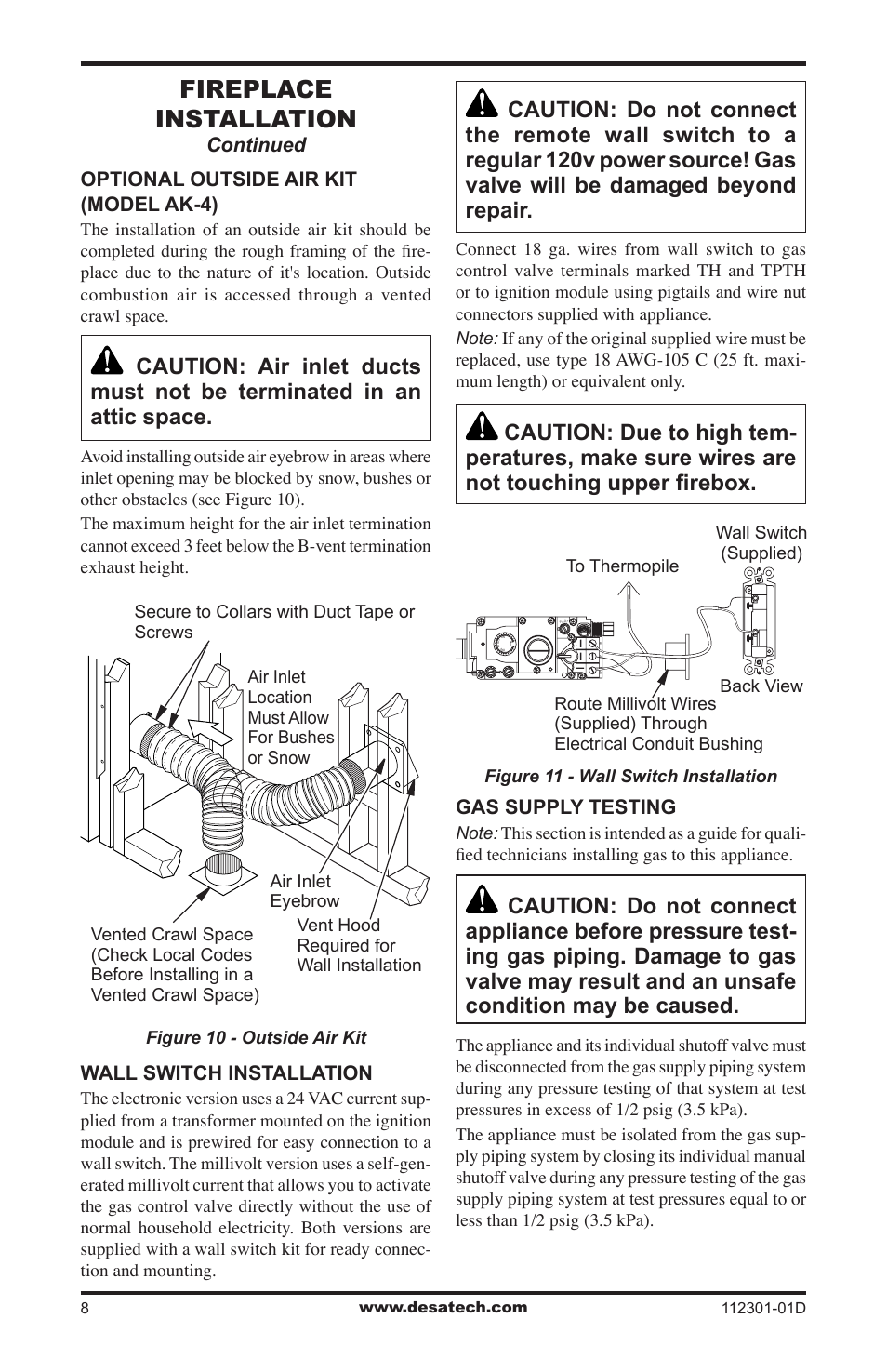 Fireplace installation, Continued optional outside air kit (model ak-4), Wall switch installation | Gas supply testing | Desa GL36CRP User Manual | Page 8 / 20