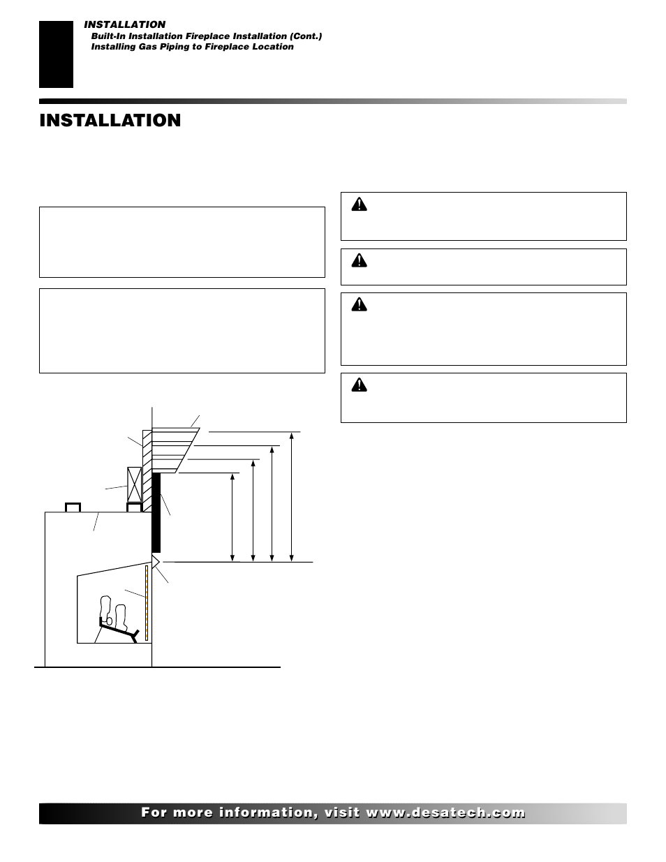 Installation, Continued, Installing gas piping to fireplace location | Desa VYGF33NRB User Manual | Page 12 / 40