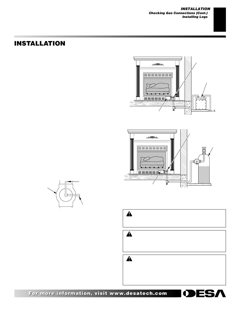 Installation, Continued, Installing logs | Desa VYGF33NRB User Manual | Page 15 / 40