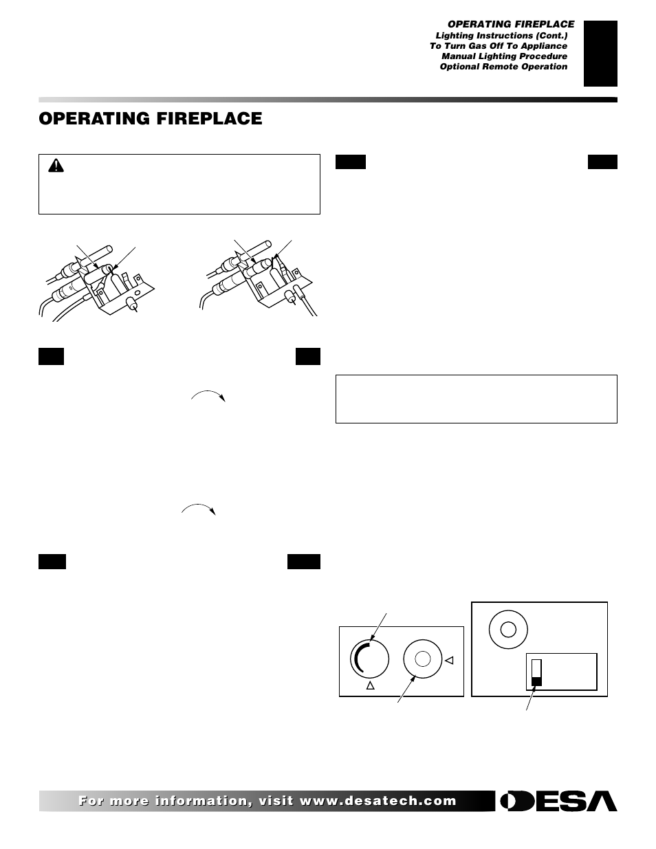 Operating fireplace, Continued, Manual lighting procedure | Optional remote operation | Desa VYGF33NRB User Manual | Page 19 / 40