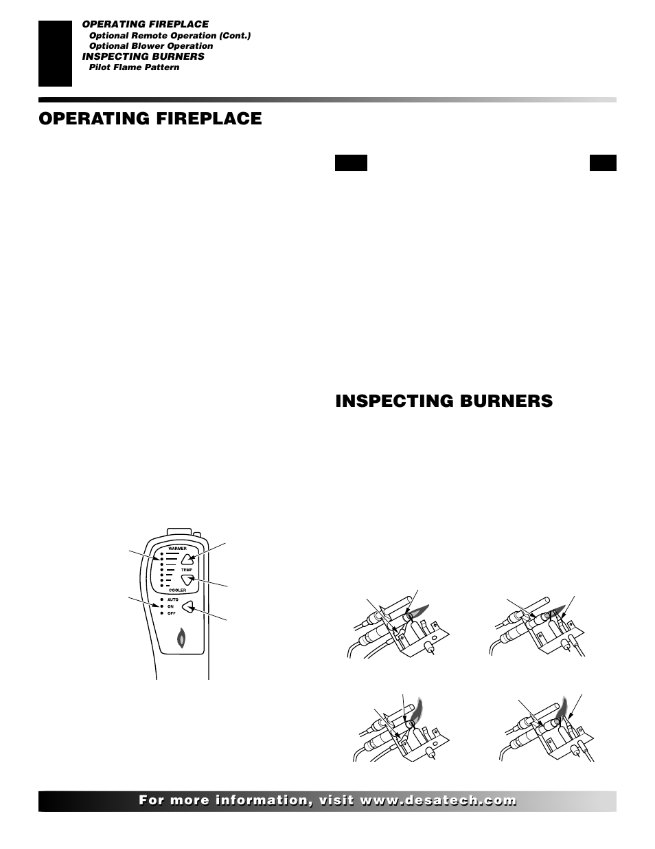 Inspecting burners, Operating fireplace, Continued | Desa VYGF33NRB User Manual | Page 20 / 40