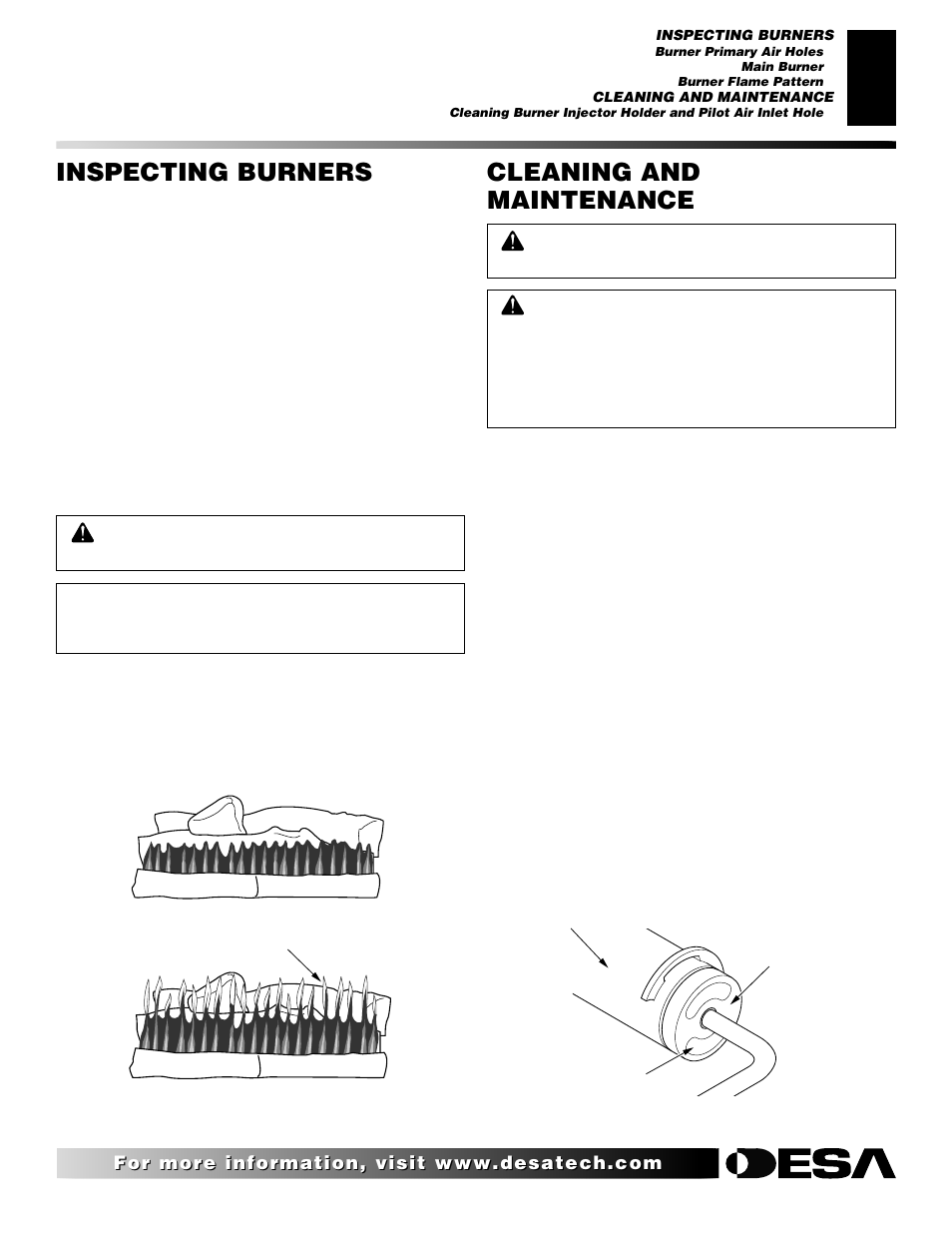 Cleaning and maintenance, Inspecting burners, Continued | Desa VYGF33NRB User Manual | Page 21 / 40