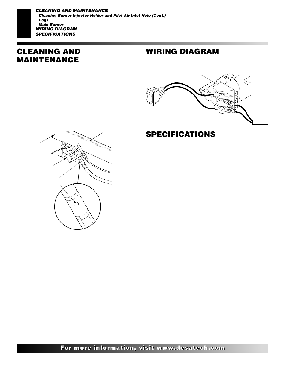 Wiring diagram, Specifications, Cleaning and maintenance | Continued | Desa VYGF33NRB User Manual | Page 22 / 40