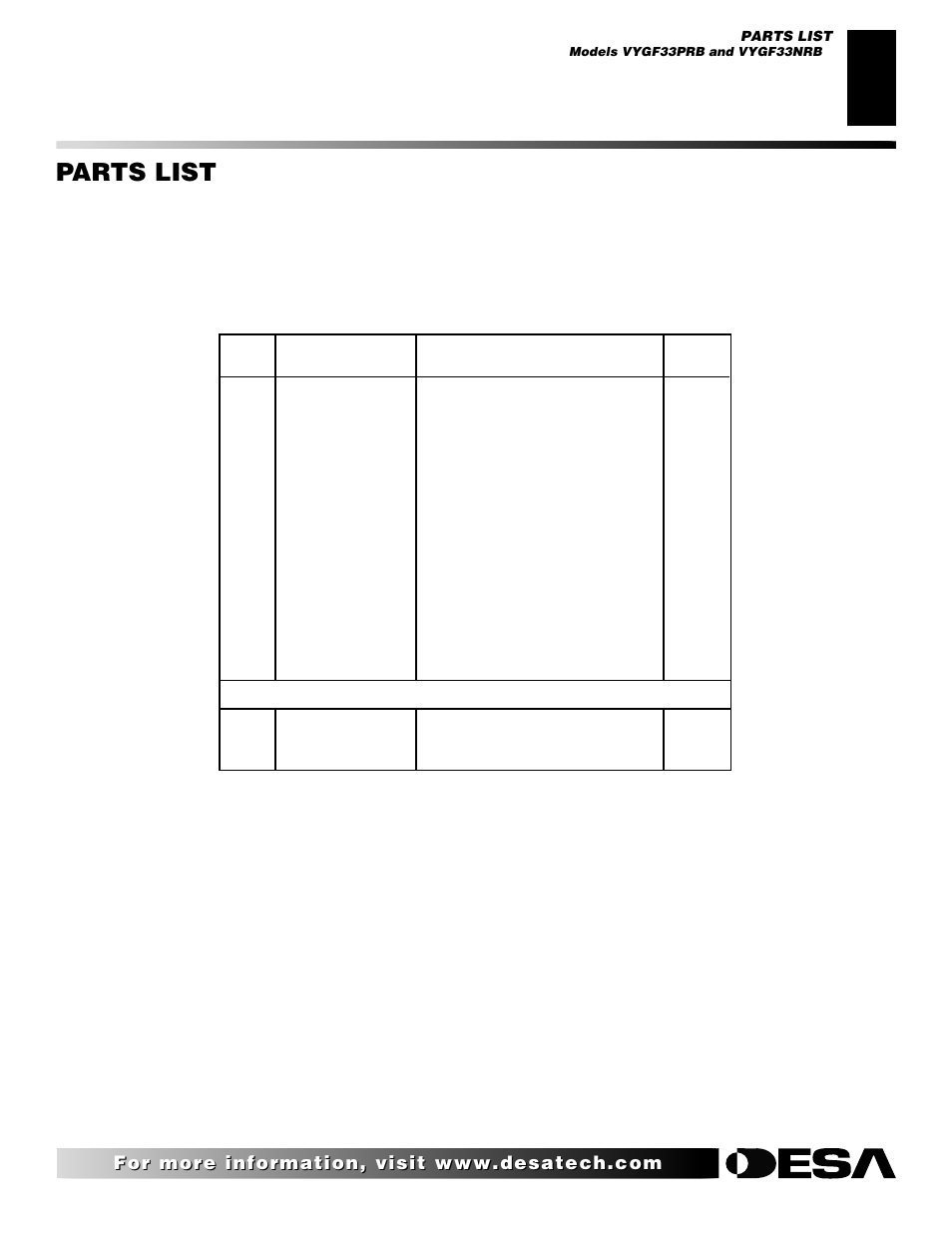 Parts list, Firebox vygf33prb & vygf33nrb | Desa VYGF33NRB User Manual | Page 29 / 40