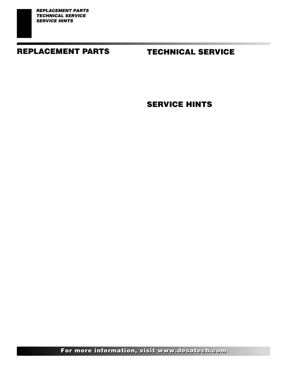 Replacement parts, Technical service, Service hints | Desa VYGF33NRB User Manual | Page 36 / 40