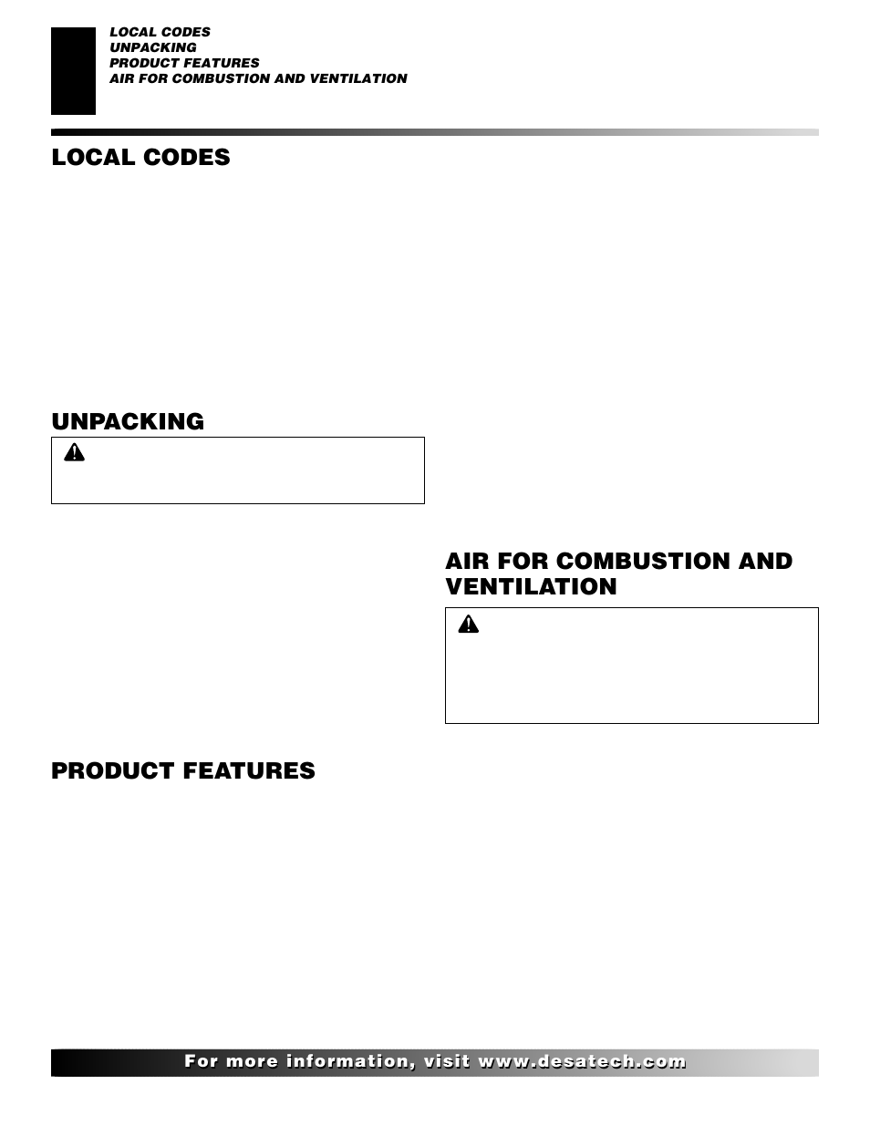 Local codes, Unpacking, Product features | Air for combustion and ventilation | Desa VYGF33NRB User Manual | Page 4 / 40