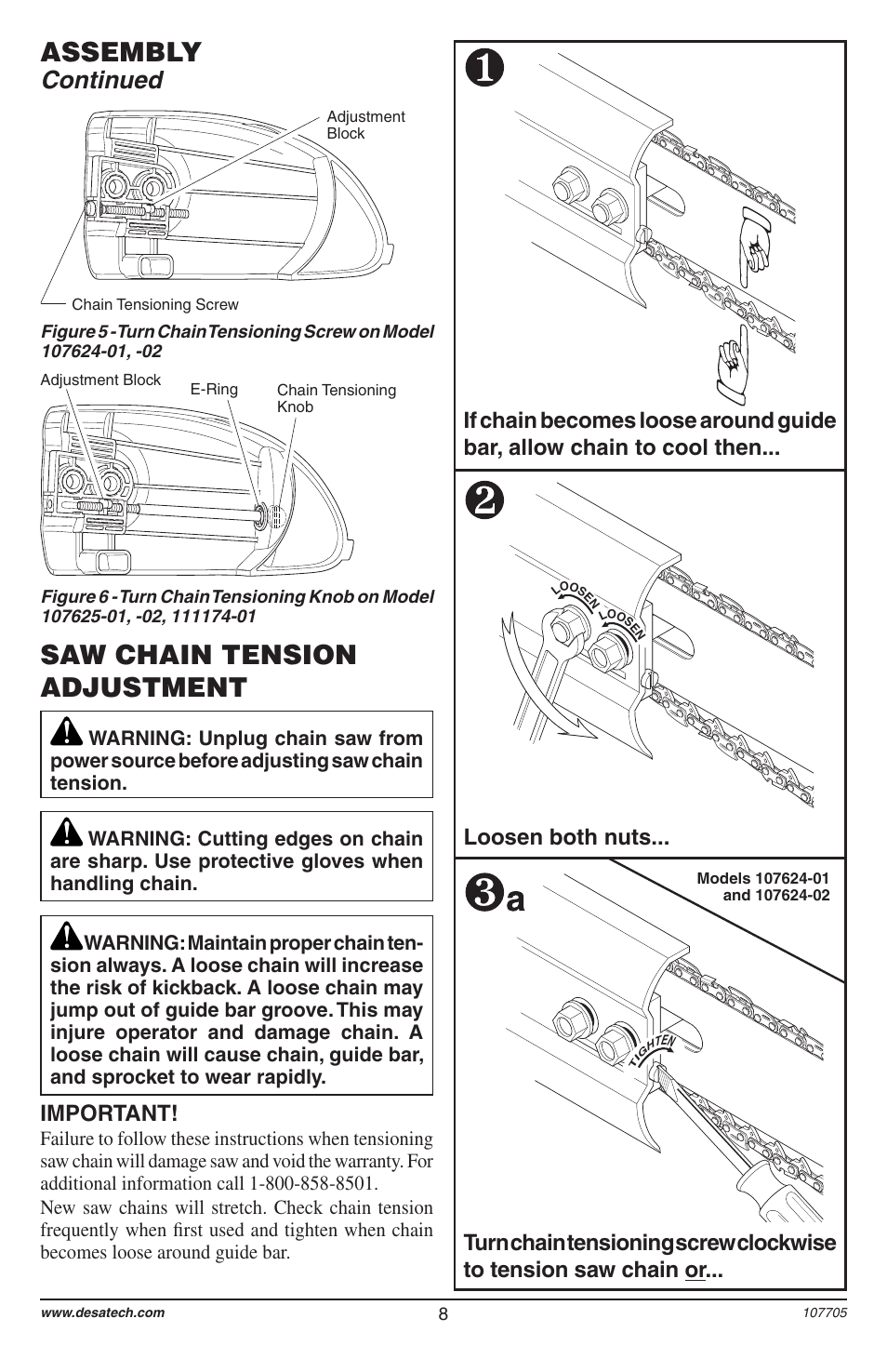 Saw chain tension adjustment, Assembly, Continued | Important | Desa 11174-01 User Manual | Page 10 / 68