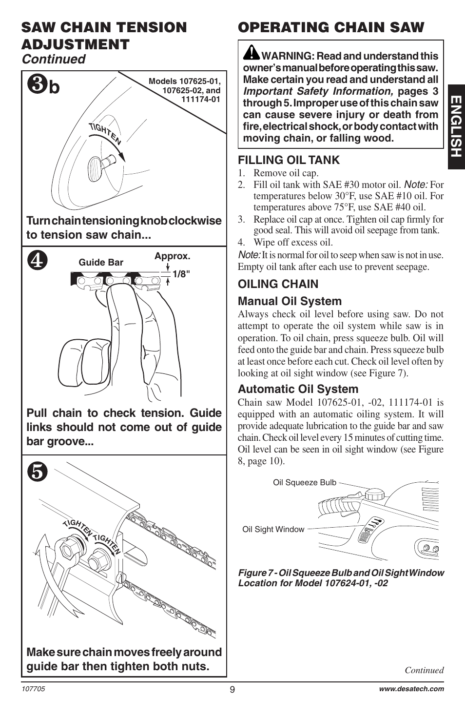 English operating chain saw, Saw chain tension adjustment, Continued | Oiling chain manual oil system, Automatic oil system | Desa 11174-01 User Manual | Page 11 / 68