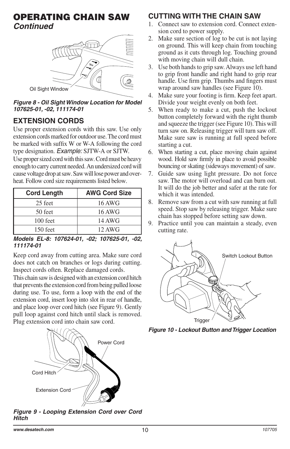 Operating chain saw, Continued, Cutting with the chain saw | Extension cords | Desa 11174-01 User Manual | Page 12 / 68