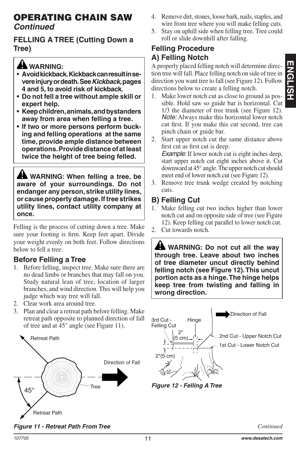 English, Operating chain saw, Continued | Before felling a tree, Felling a tree (cutting down a tree), Felling procedure a) felling notch, B) felling cut | Desa 11174-01 User Manual | Page 13 / 68