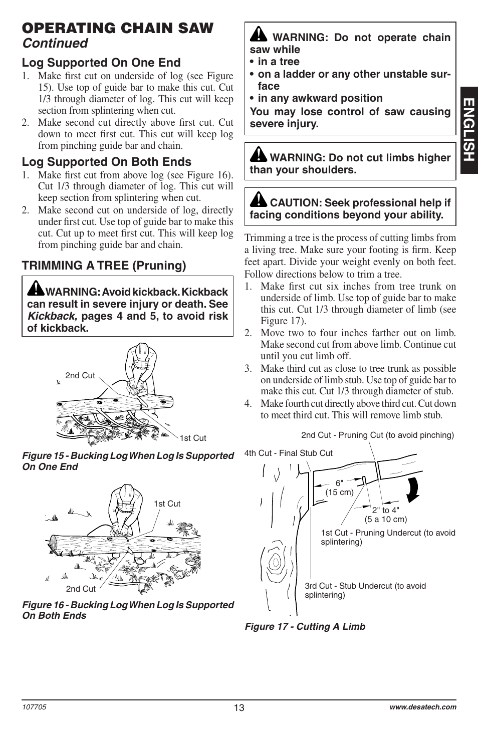 English operating chain saw, Continued, Trimming a tree (pruning) | Log supported on one end, Log supported on both ends | Desa 11174-01 User Manual | Page 15 / 68