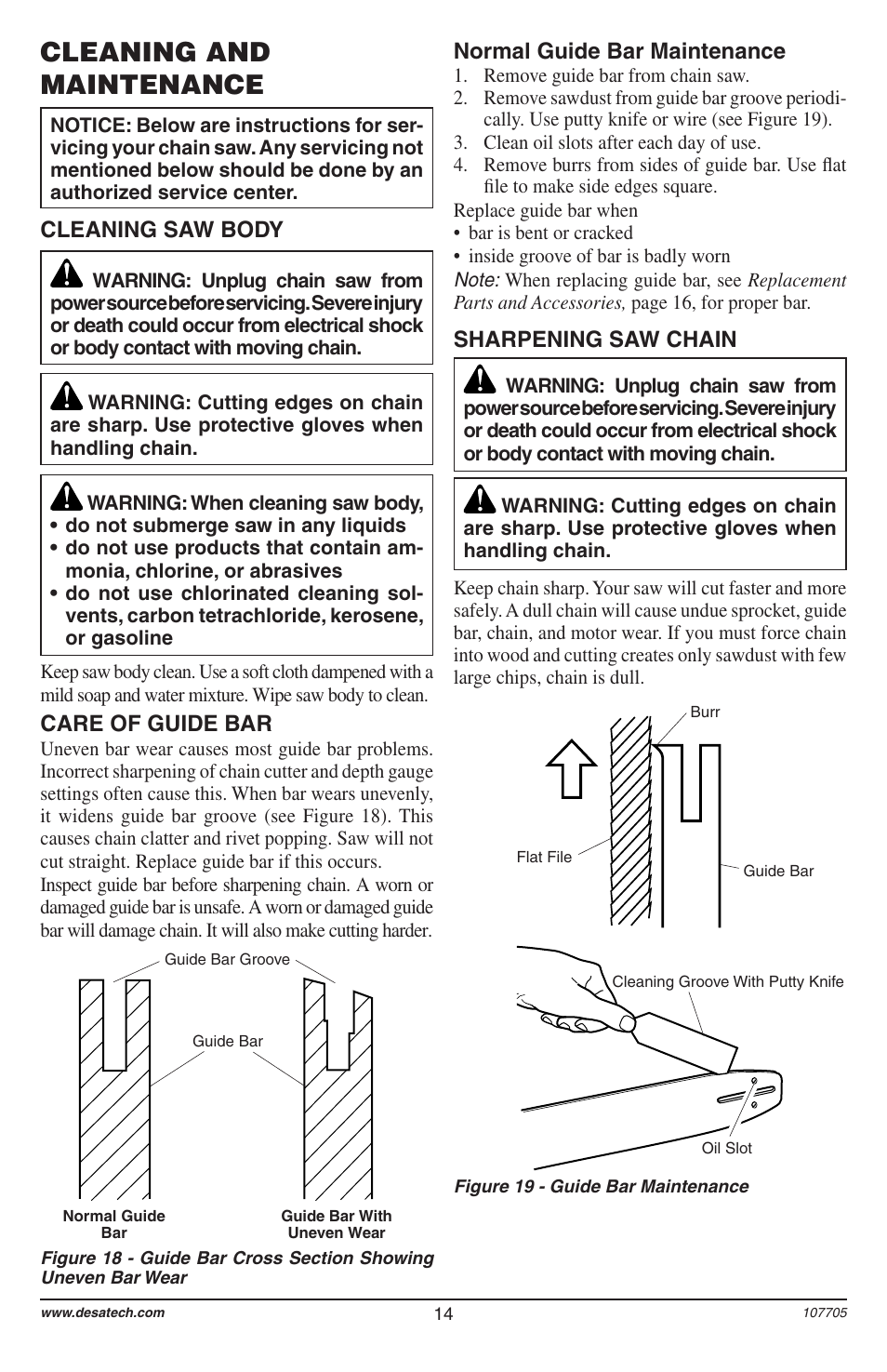 Cleaning and maintenance, Care of guide bar, Cleaning saw body | Normal guide bar maintenance, Sharpening saw chain | Desa 11174-01 User Manual | Page 16 / 68