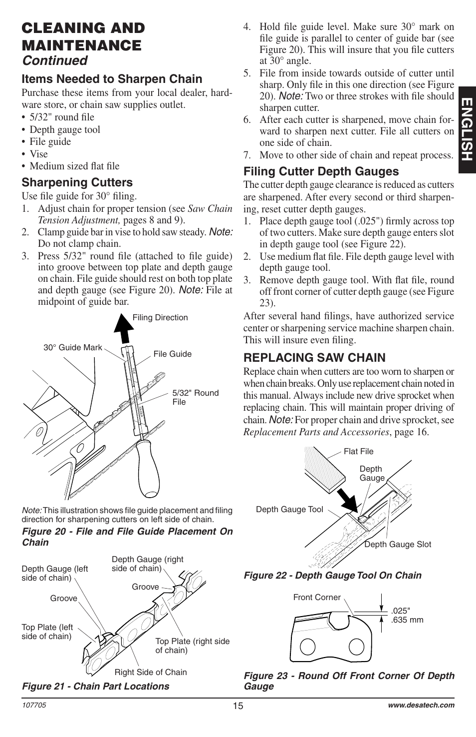 English, Cleaning and maintenance, Continued | Items needed to sharpen chain, Sharpening cutters, Filing cutter depth gauges, Replacing saw chain | Desa 11174-01 User Manual | Page 17 / 68