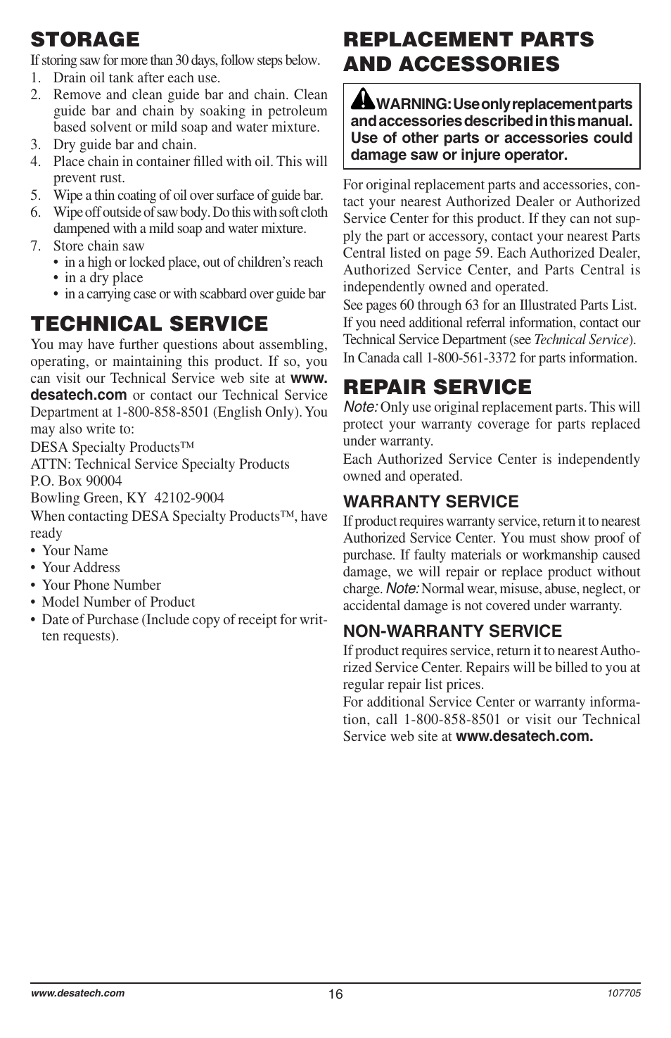 Storage, Technical service, Replacement parts and accessories | Repair service | Desa 11174-01 User Manual | Page 18 / 68