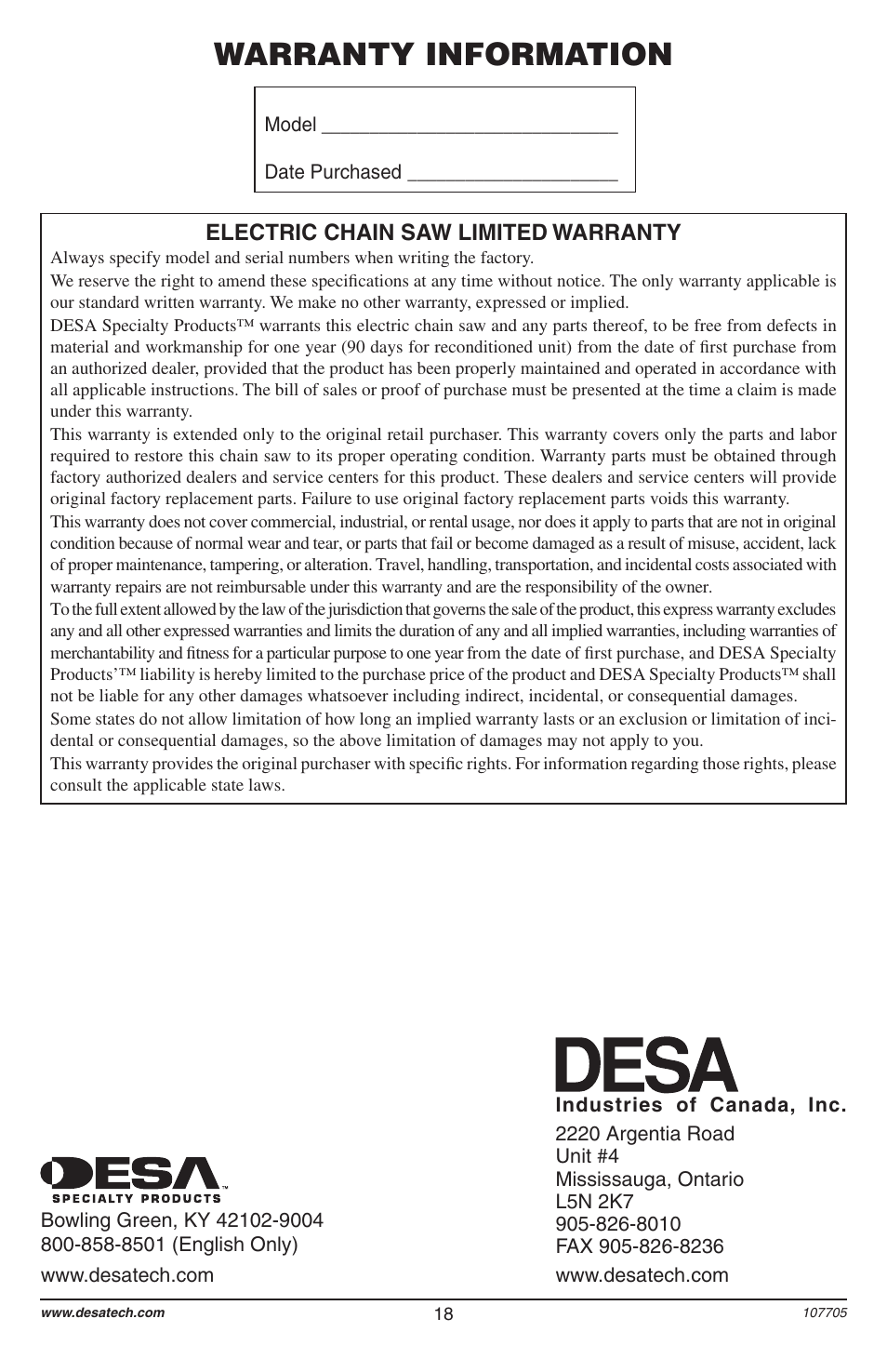 Warranty information | Desa 11174-01 User Manual | Page 20 / 68