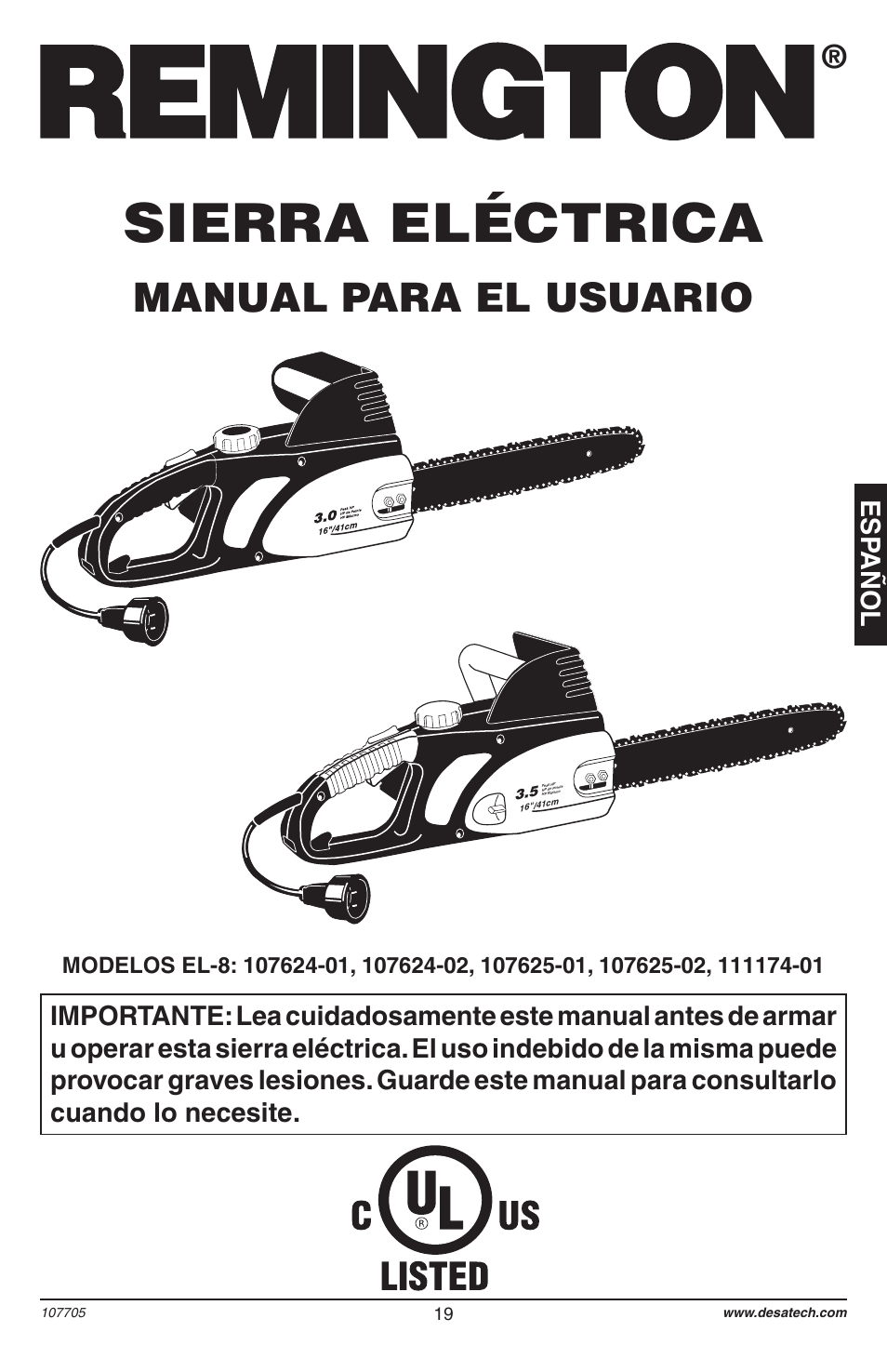 Sierra eléctrica, Manual para el usuario, Esp añol | Desa 11174-01 User Manual | Page 21 / 68