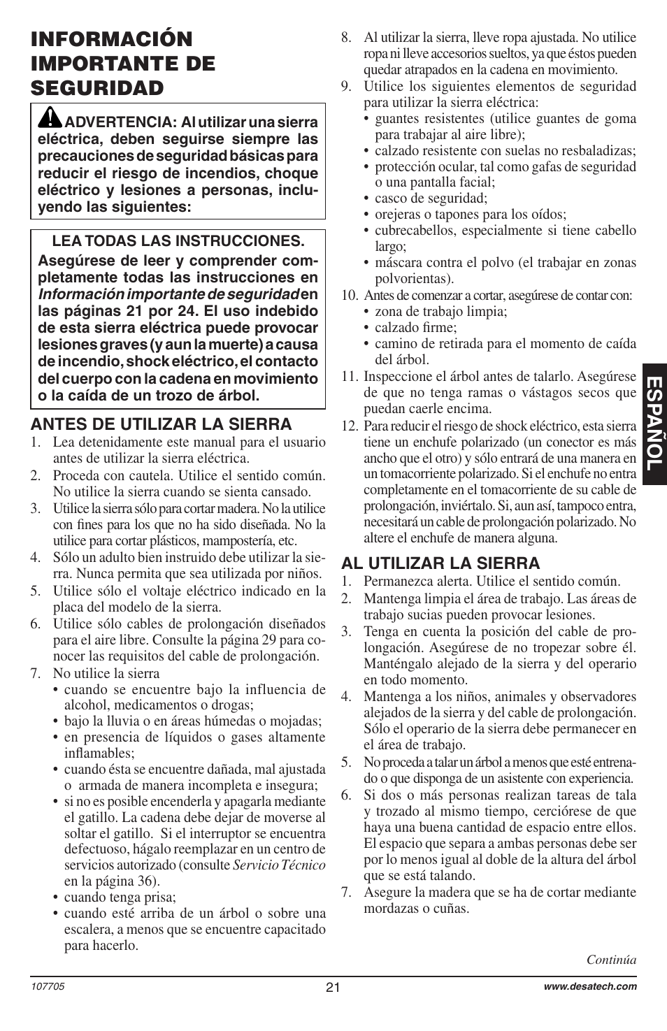 Esp añol, Información importante de seguridad | Desa 11174-01 User Manual | Page 23 / 68