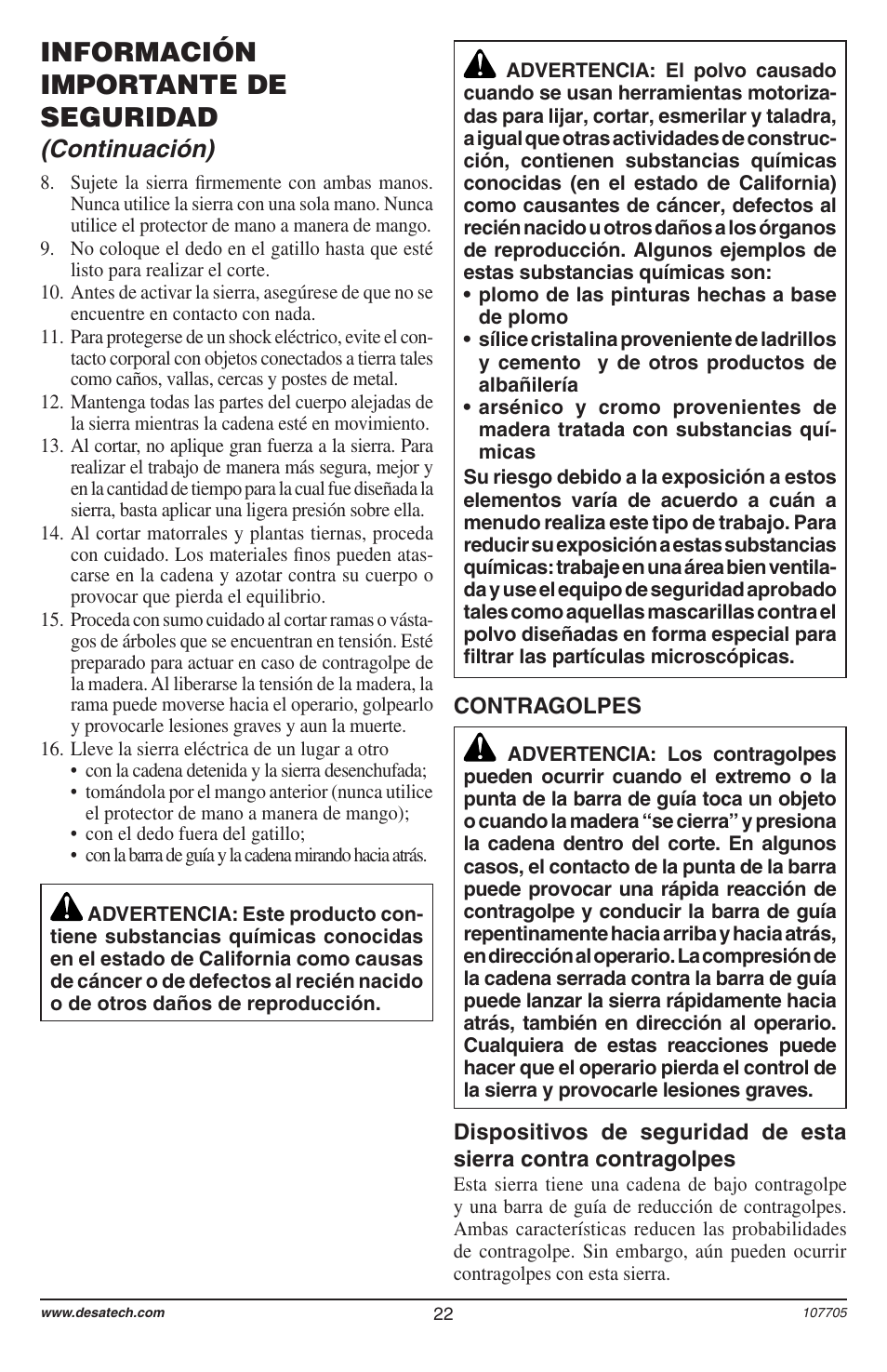 Información importante de seguridad, Continuación) | Desa 11174-01 User Manual | Page 24 / 68