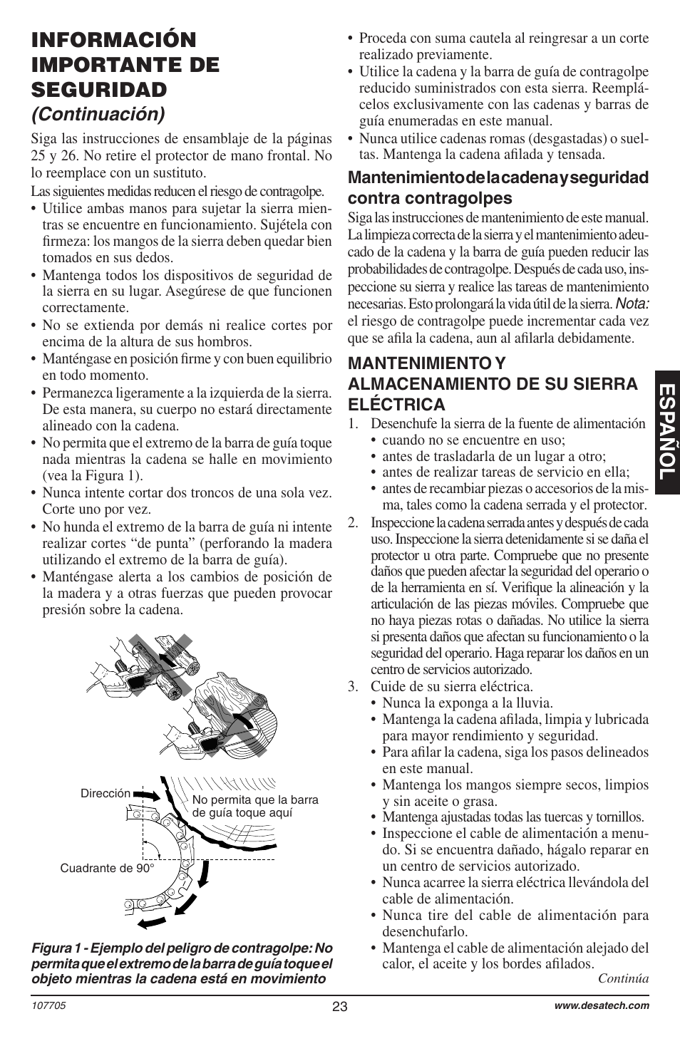 Esp añol, Información importante de seguridad, Continuación) | Desa 11174-01 User Manual | Page 25 / 68