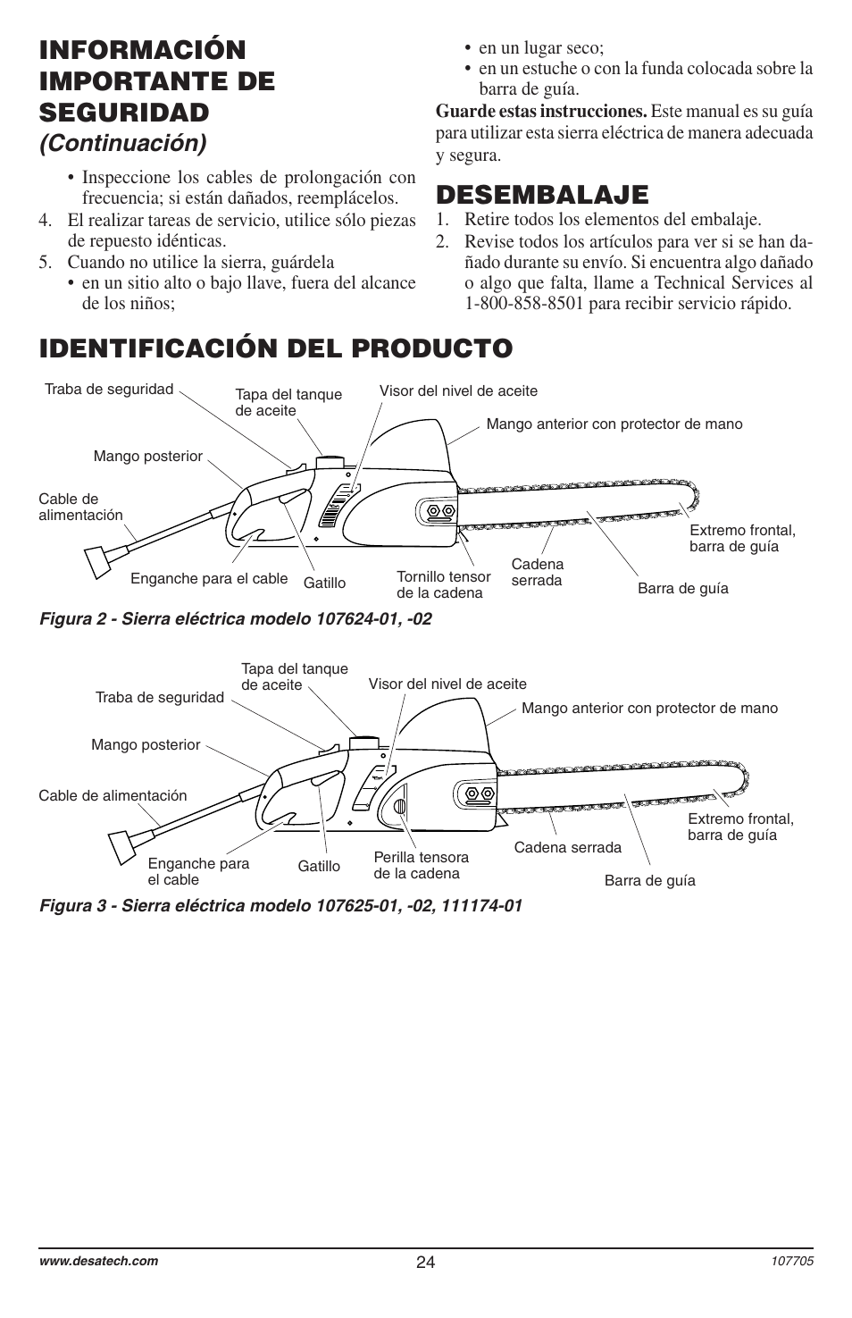 Información importante de seguridad desembalaje, Identificación del producto, Continuación) | Desa 11174-01 User Manual | Page 26 / 68