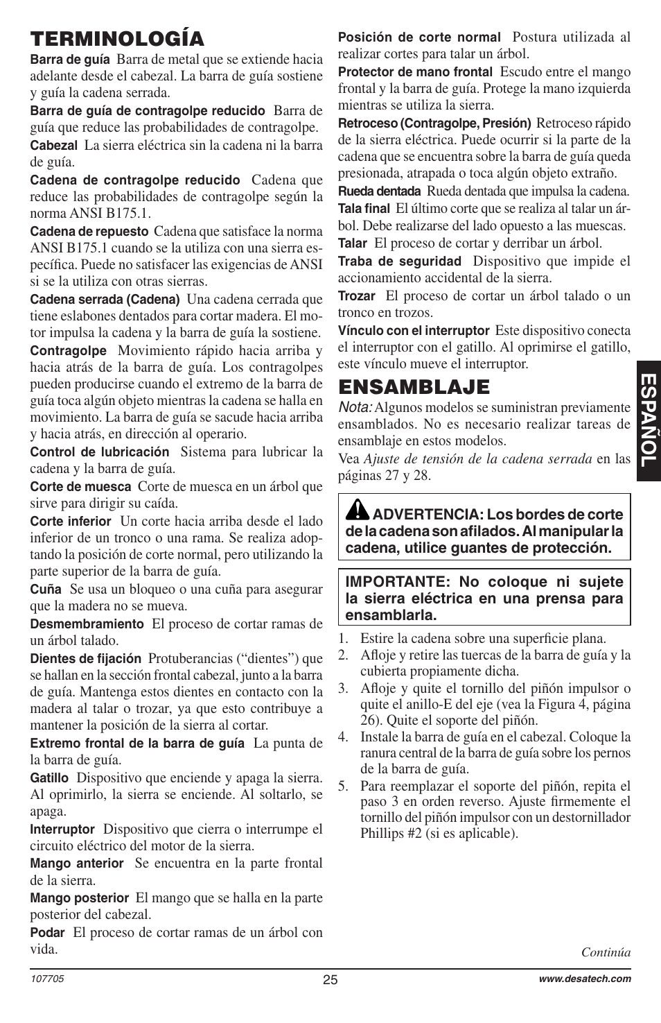 Esp añol terminología, Ensamblaje | Desa 11174-01 User Manual | Page 27 / 68