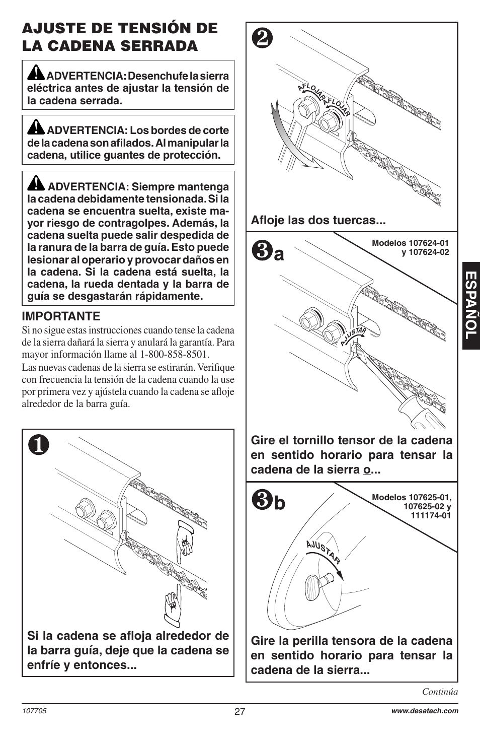 Esp añol ajuste de tensión de la cadena serrada, Importante | Desa 11174-01 User Manual | Page 29 / 68